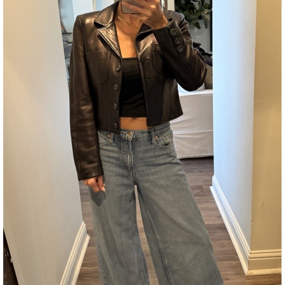 Vintage Womens Laurence Roy Brown Cropped Biker Leather Jacket Sz Small